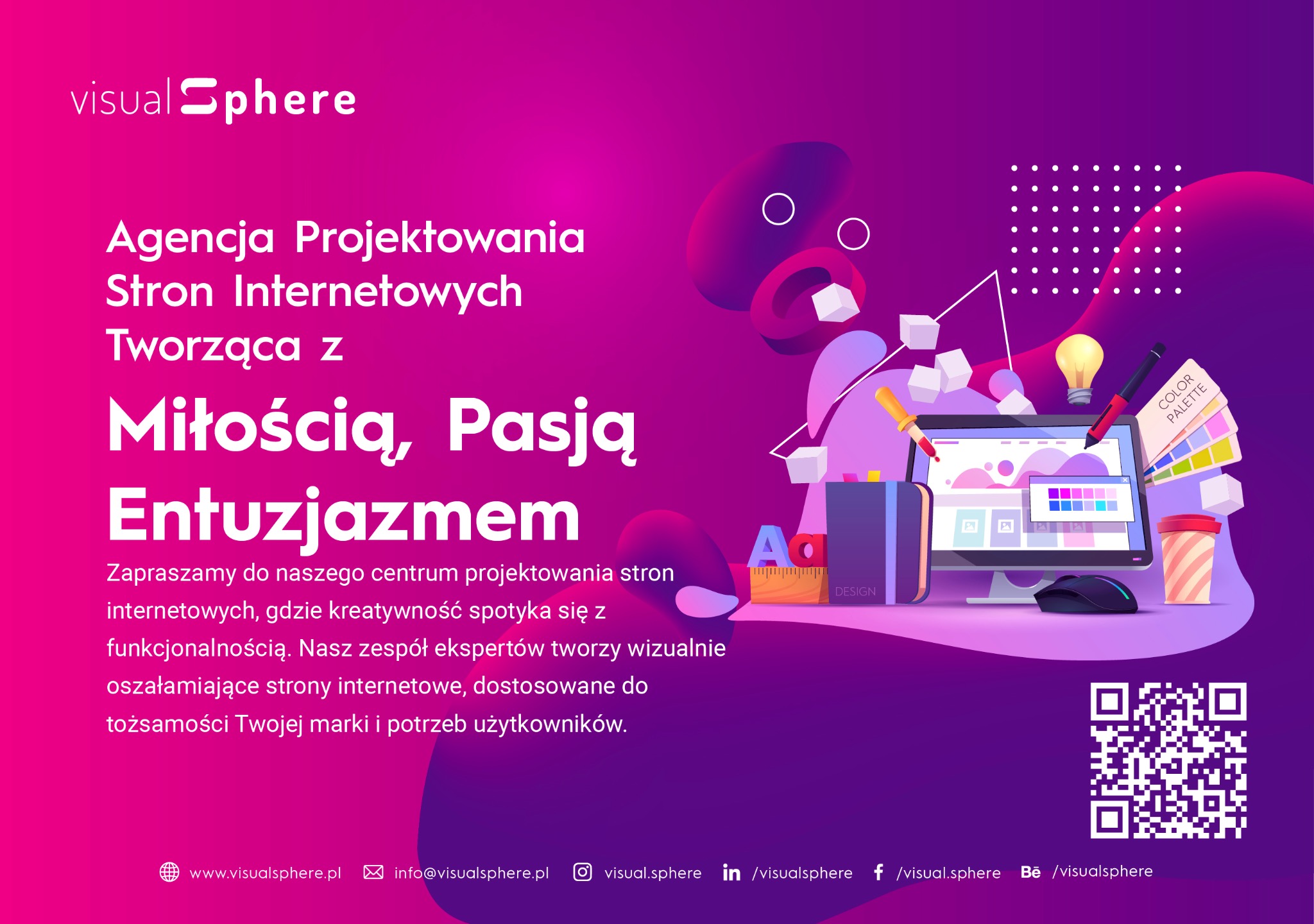 Ilustracja koncepcyjna prezentująca proces projektowania interfejsu strony internetowej na monitorze, otoczona narzędziami graficznymi, paletą kolorów i elementami designu na fioletowym tle...