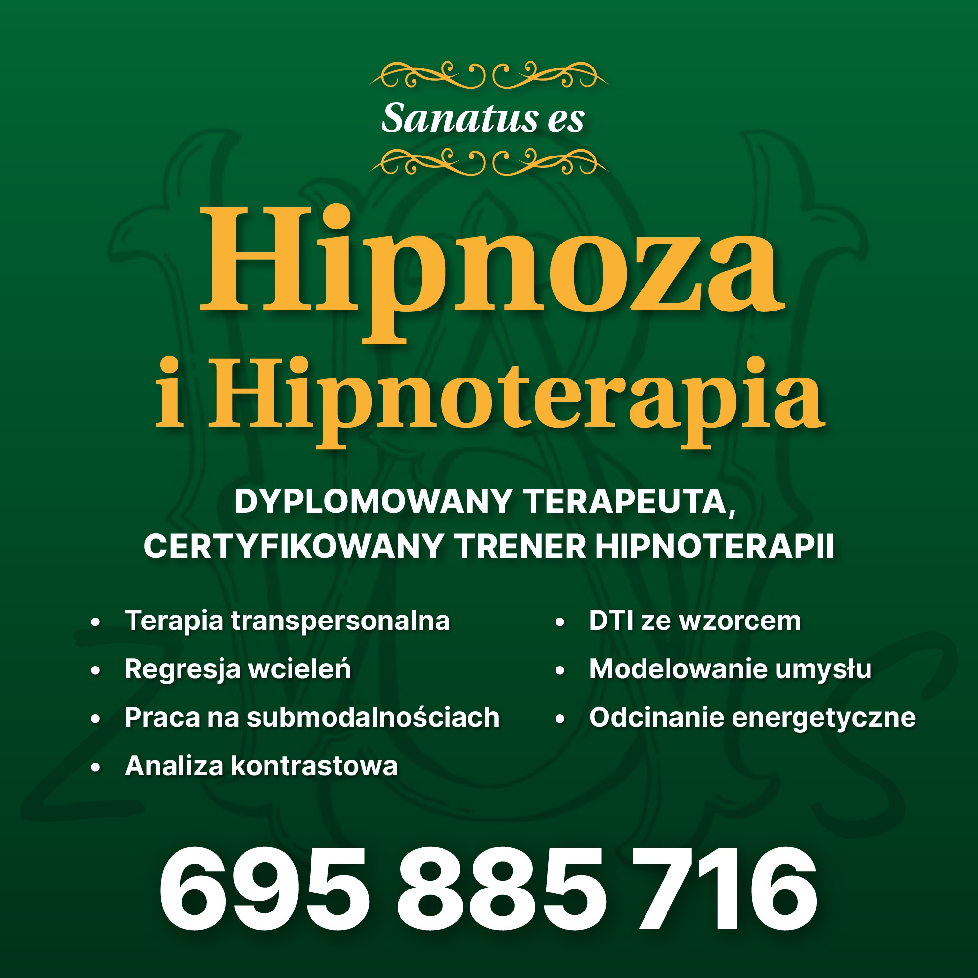 Grafika reklamowa usług hipnozy i hipnoterapii w Grudziądzu, z informacją o dyplomowanym terapeucie i certyfikowanym trenerze hipnoterapii oraz numerem telefonu.