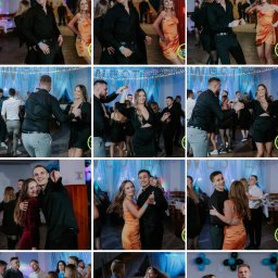 Zebra fotografia - Kolaż zdjęć z imprezy sylwestrowej 2023/2024, przedstawiający tańczące pary i grupę osób w eleganckich strojach wieczorowych na tle sali udekorowanej balonami i światłami.