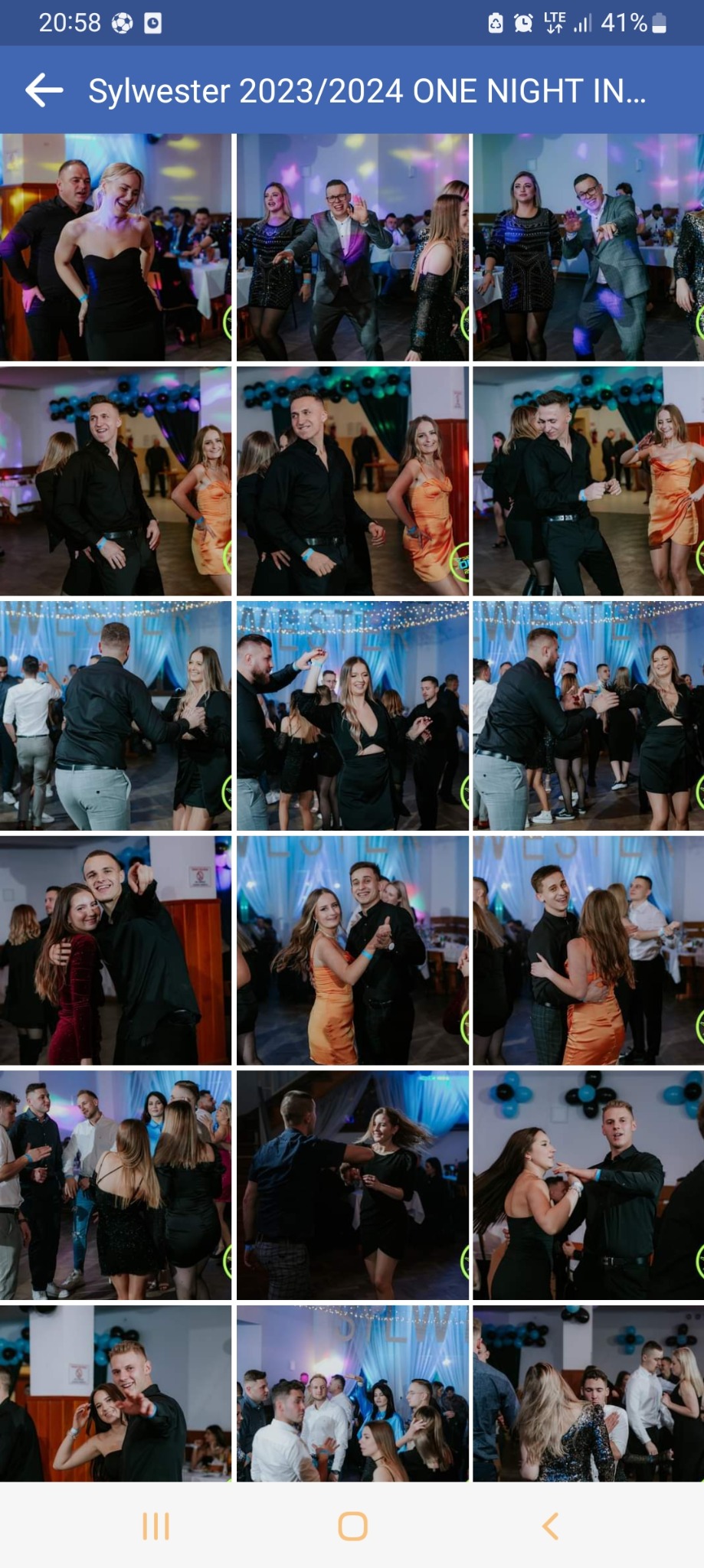 Kolaż zdjęć z imprezy sylwestrowej 2023/2024, przedstawiający tańczące pary i grupę osób w eleganckich strojach wieczorowych na tle sali udekorowanej balonami i światłami.