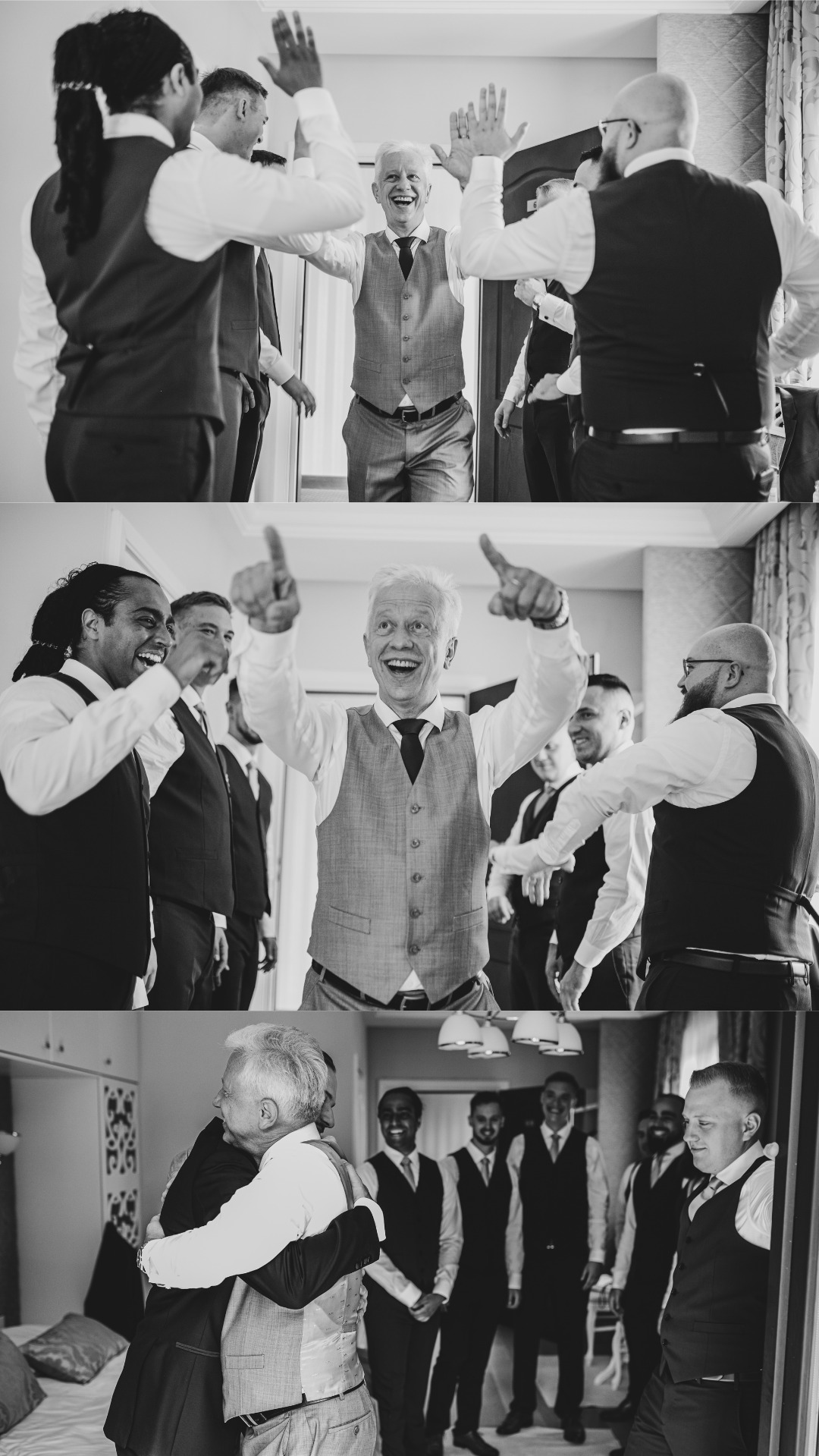 Czarno-białe kolażowe zdjęcie przedstawiające przygotowania pana młodego z drużbami: radosne powitanie, świętowanie i serdeczne uściski w jasnym wnętrzu.