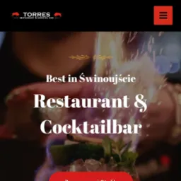 Strona internetowa restauracji i cocktail baru Torres w Świnoujściu z płomieniami w tle i napisem 'Best in Świnoujście Restaurant & Cocktailbar' w kolorze białym.