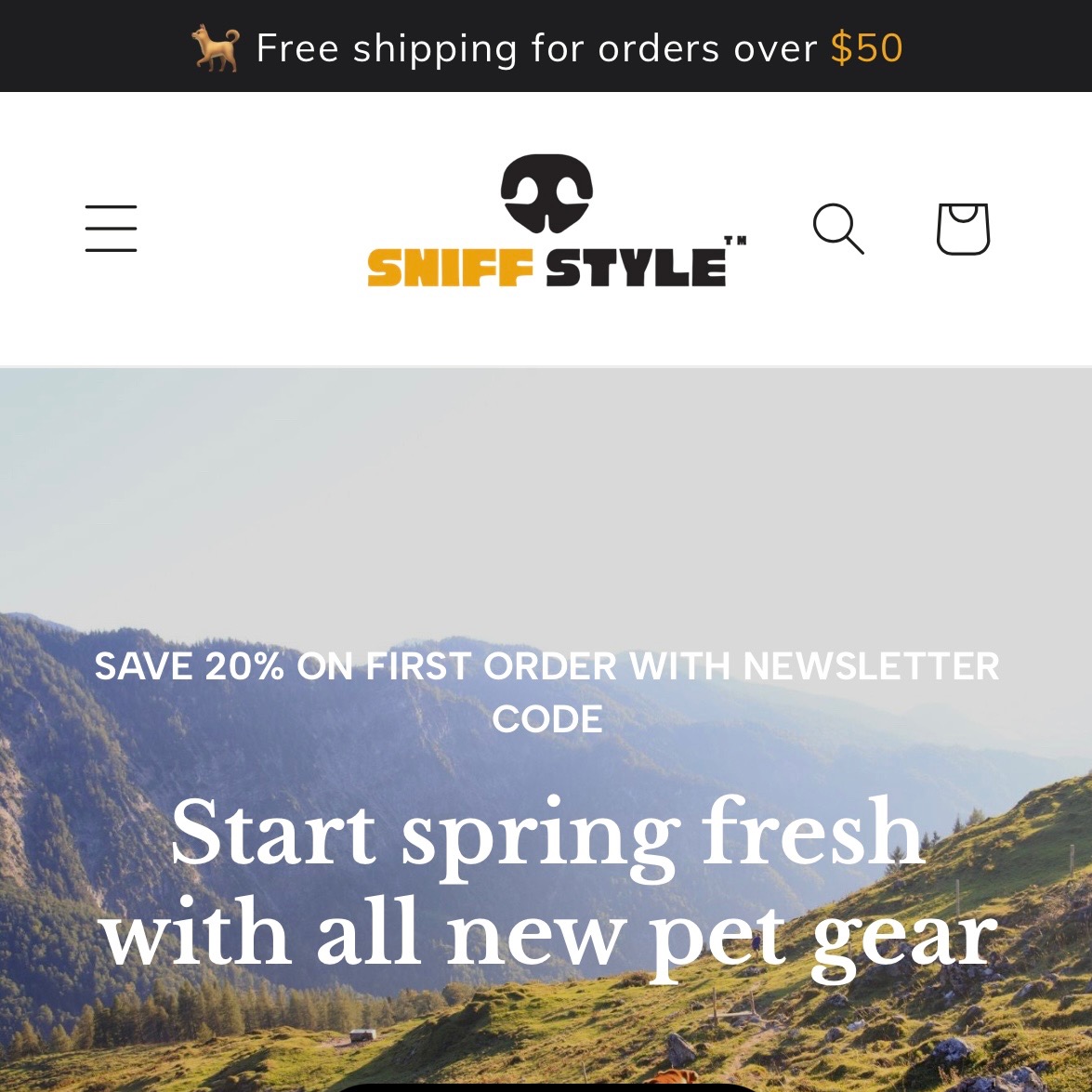 Sklep internetowy z artykułami dla zwierząt Sniff Style, reklama wiosennej oferty z 20% rabatem na pierwsze zamówienie z kodem newslettera, w tle górski krajobraz.