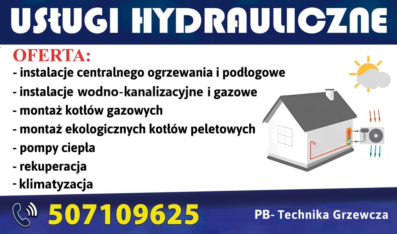 Grafika reklamowa usług hydraulicznych, oferująca instalacje centralnego ogrzewania, wodno-kanalizacyjne, montaż kotłów gazowych i peletowych, pompy ciepła, rekuperację i klimatyzację. Zawiera...