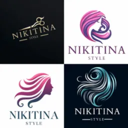 Kompozycja czterech wariantów logo salonu fryzjerskiego Nikitina Style, prezentujących stylizowane wizerunki kobiecej twarzy i włosów w różnych kolorach i układach, wraz z nazwą firmy i dopiskiem...
