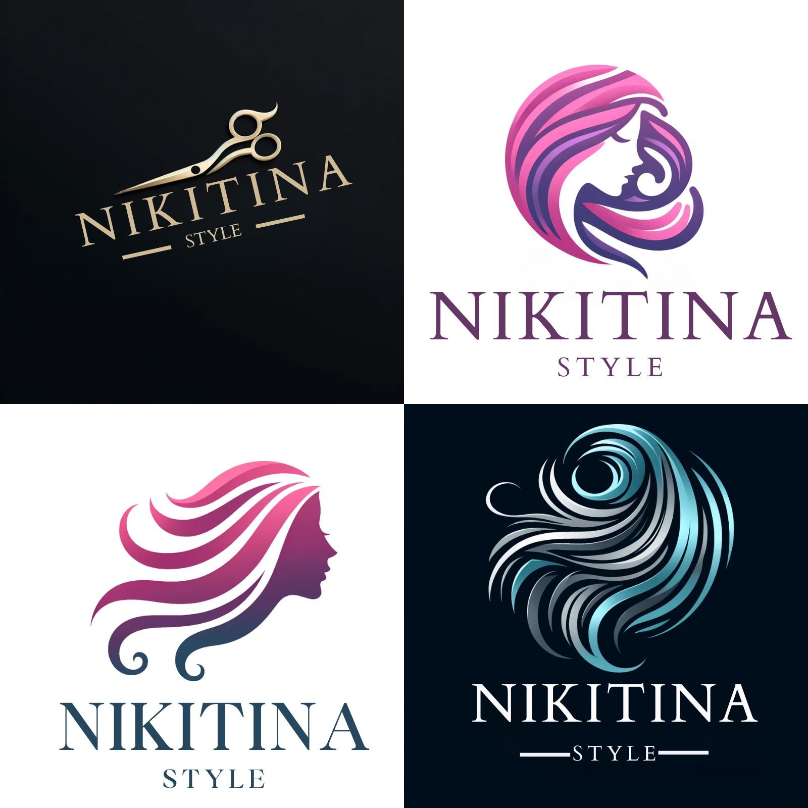 Kompozycja czterech wariantów logo salonu fryzjerskiego Nikitina Style, prezentujących stylizowane wizerunki kobiecej twarzy i włosów w różnych kolorach i układach, wraz z nazwą firmy i dopiskiem...