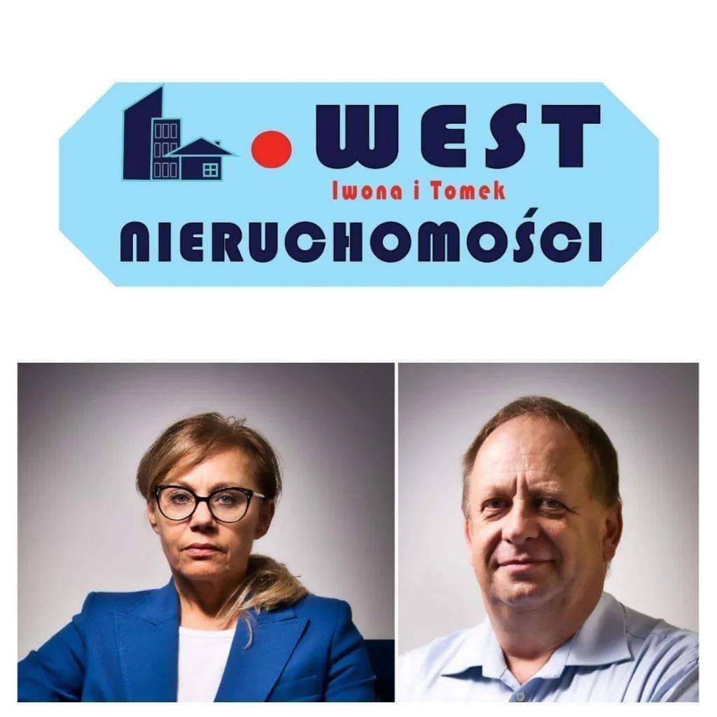 Logo firmy West Nieruchomości z wizerunkami Iwony i Tomka, właścicieli, na szarym tle.
