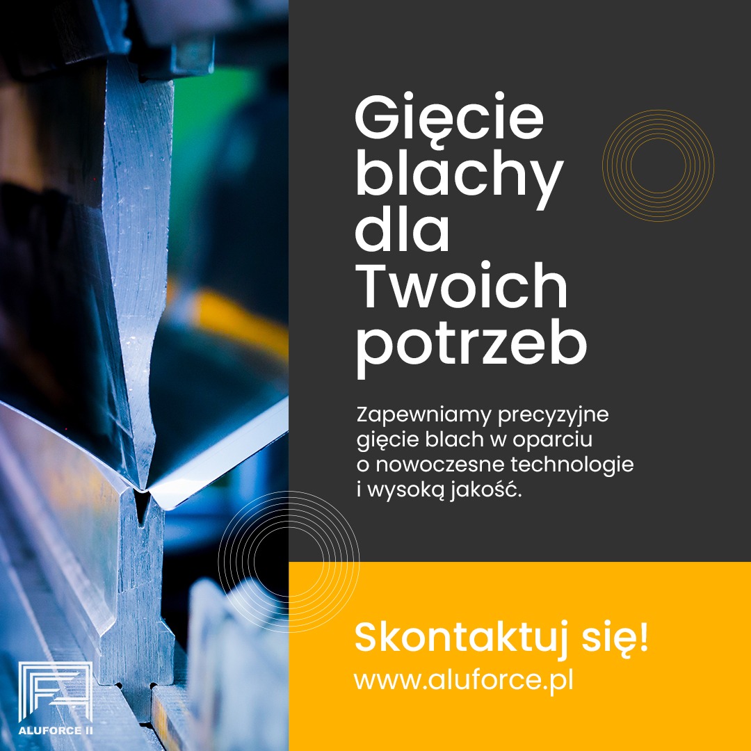 Precyzyjne gięcie blachy na maszynie, widoczne narzędzia i materiał obrabiany, promocyjny baner firmy Alufroce II.