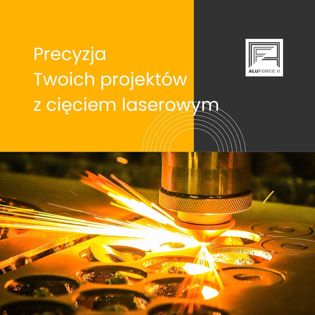 Proces cięcia laserowego metalu z intensywnymi iskrami, widoczne okrągłe otwory w obrabianym materiale, logo firmy Aluforce II w tle.