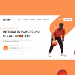 Projekt strony internetowej o tematyce koszykówki ulicznej z motywem pomarańczowym, prezentujący młodego mężczyznę kozłującego piłkę.