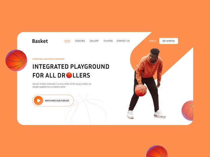 Projekt strony internetowej o tematyce koszykówki ulicznej z motywem pomarańczowym, prezentujący młodego mężczyznę kozłującego piłkę.
