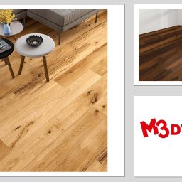 M3 DVERE SADLOK SPÓŁKA KOMANDYTOWA - Kompozycja przedstawiająca jasne, drewniane panele podłogowe w aranżacji wnętrza z fragmentem sofy i stolików kawowych, obok ciemniejsze panele oraz logo firmy M3 DVERE.PL.
