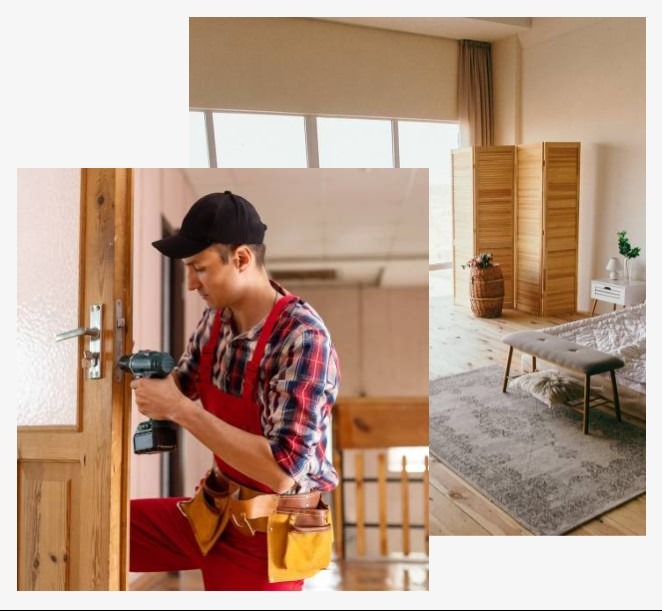 Pracownik w czerwonym kombinezonie i czapce montuje klamkę w drewnianych drzwiach z przeszkleniem, używając wkrętarki akumulatorowej. W tle widoczny fragment pokoju z drewnianym parawanem.