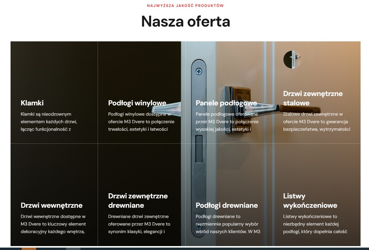 Grafika reklamowa prezentująca ofertę firmy z branży drzwi i podłóg, z wyeksponowanym detalem nowoczesnej klamki i zamka drzwi.