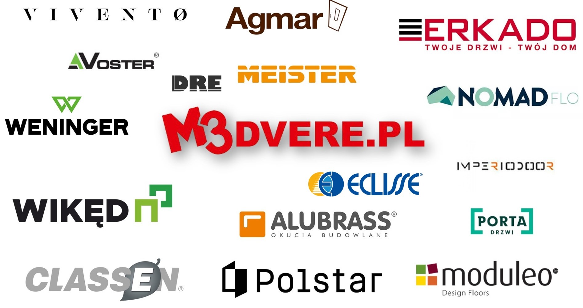 Zbiór logotypów różnych producentów drzwi i podłóg, w tym M3 DVERE, Agmar, Erkado, Meister, Wikęd, Classen, Polstar i Moduleo.