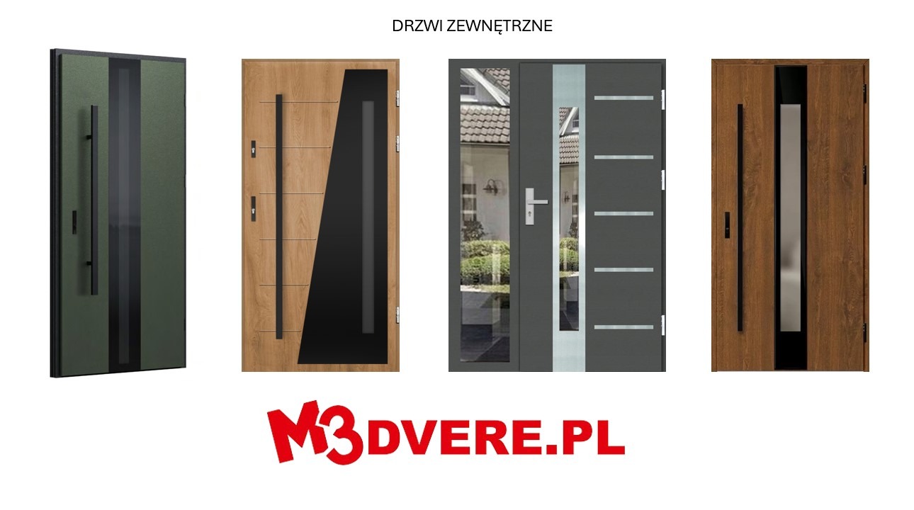 Kolekcja czterech nowoczesnych drzwi wejściowych o różnych wzorach i kolorach na białym tle, z widocznym logo M3DVERE.PL.