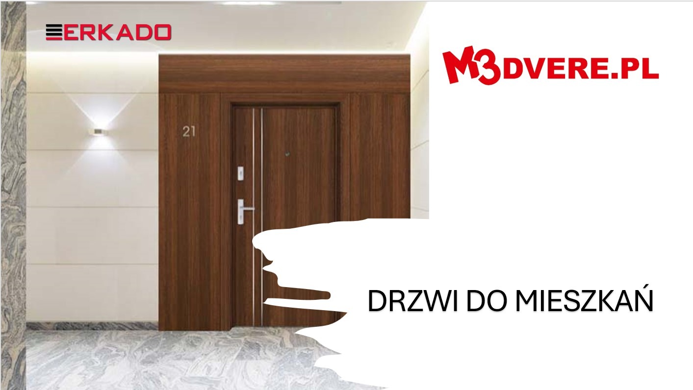 Prezentacja brązowych drzwi wejściowych do mieszkania z numerem 21, z srebrną klamką i wizjerem, na tle białej ściany z oświetleniem punktowym i marmurowej podłogi, logo firmy w lewym górnym rogu...