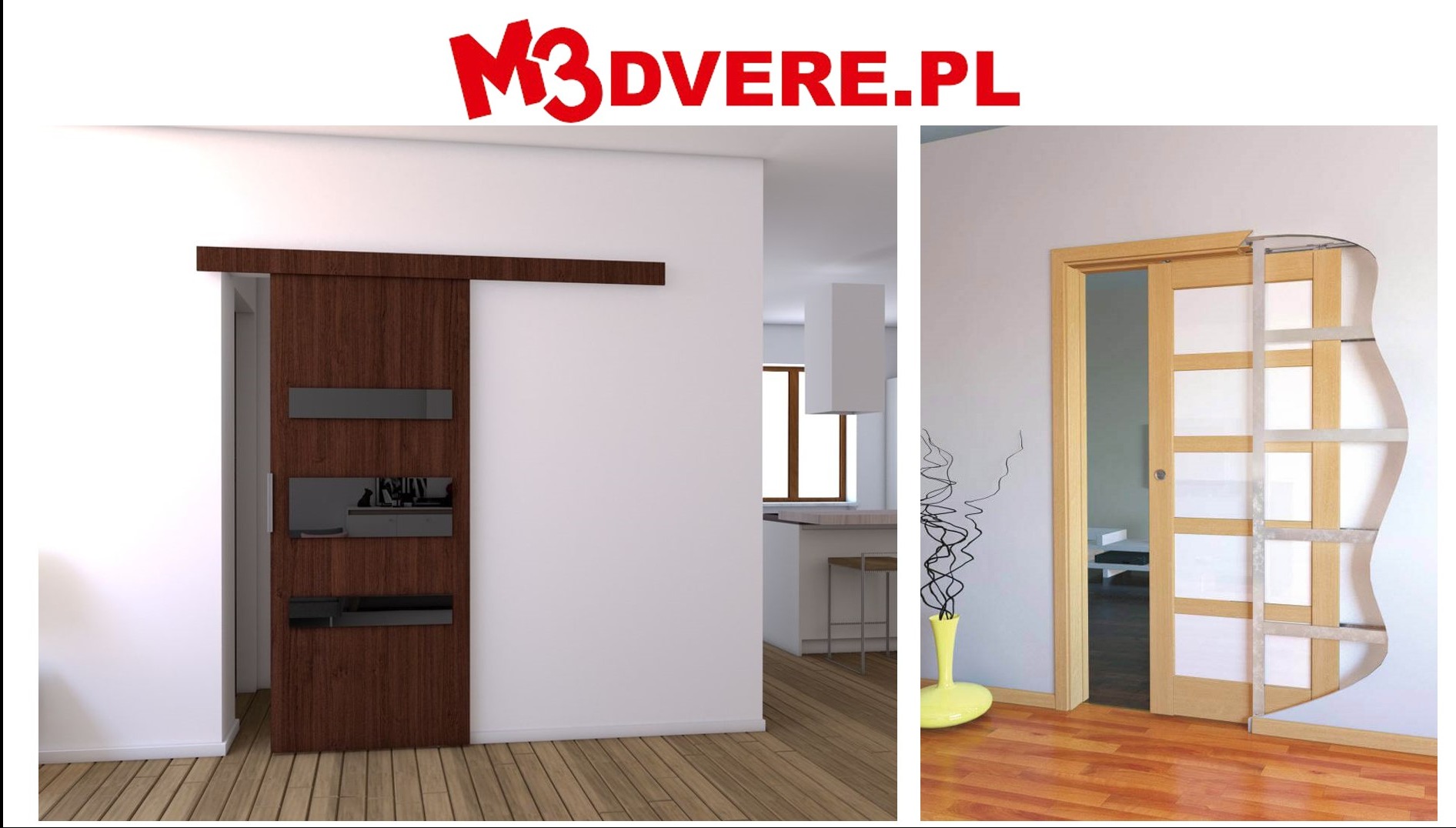 Wizualizacja salonu sprzedaży z dwiema propozycjami drzwi przesuwnych: ciemne drewno z czarnymi wstawkami oraz jasne drewno z białymi panelami, ukazana z perspektywy klienta.