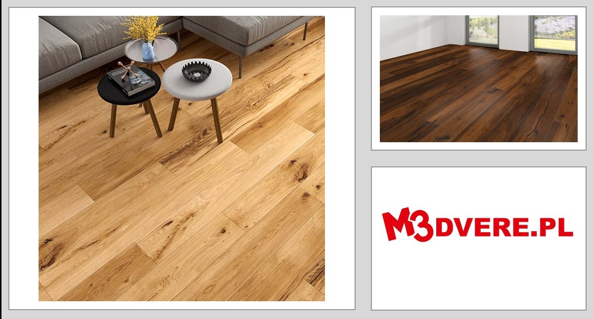 Kompozycja przedstawiająca jasne, drewniane panele podłogowe w aranżacji wnętrza z fragmentem sofy i stolików kawowych, obok ciemniejsze panele oraz logo firmy M3 DVERE.PL.
