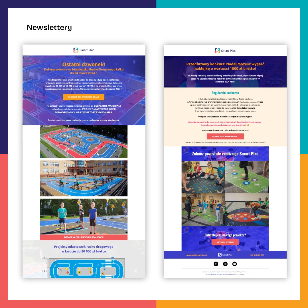 Newsletter firmy Smart Plac prezentujący miasteczka ruchu drogowego z dofinansowaniem, konkurs na kreatywne wykorzystanie naklejek podłogowych i przykładowe realizacje.