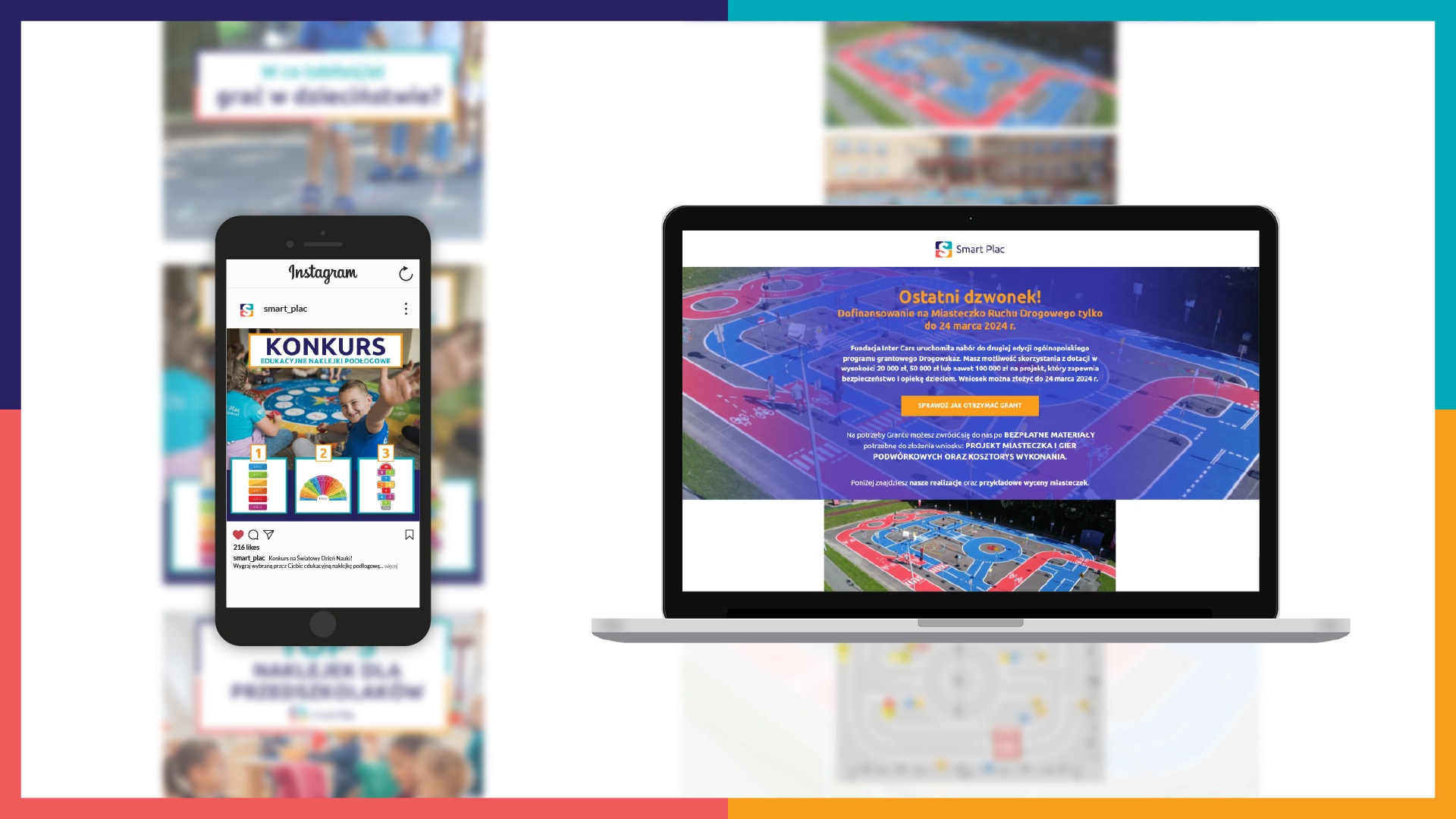 Prezentacja konkursu na edukacyjne naklejki podłogowe na ekranie smartfona obok laptopa wyświetlającego stronę internetową z dofinansowaniem na miasteczko ruchu drogowego.