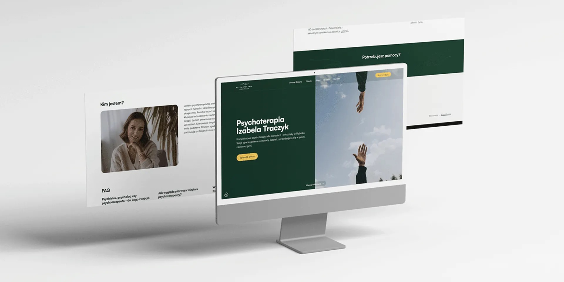 Prezentacja responsywnej strony internetowej psychoterapeuty Izabeli Traczyk na monitorze komputera, obok widoczne fragmenty podstron z sekcjami 'Kim jestem?' i 'Potrzebujesz pomocy?'...