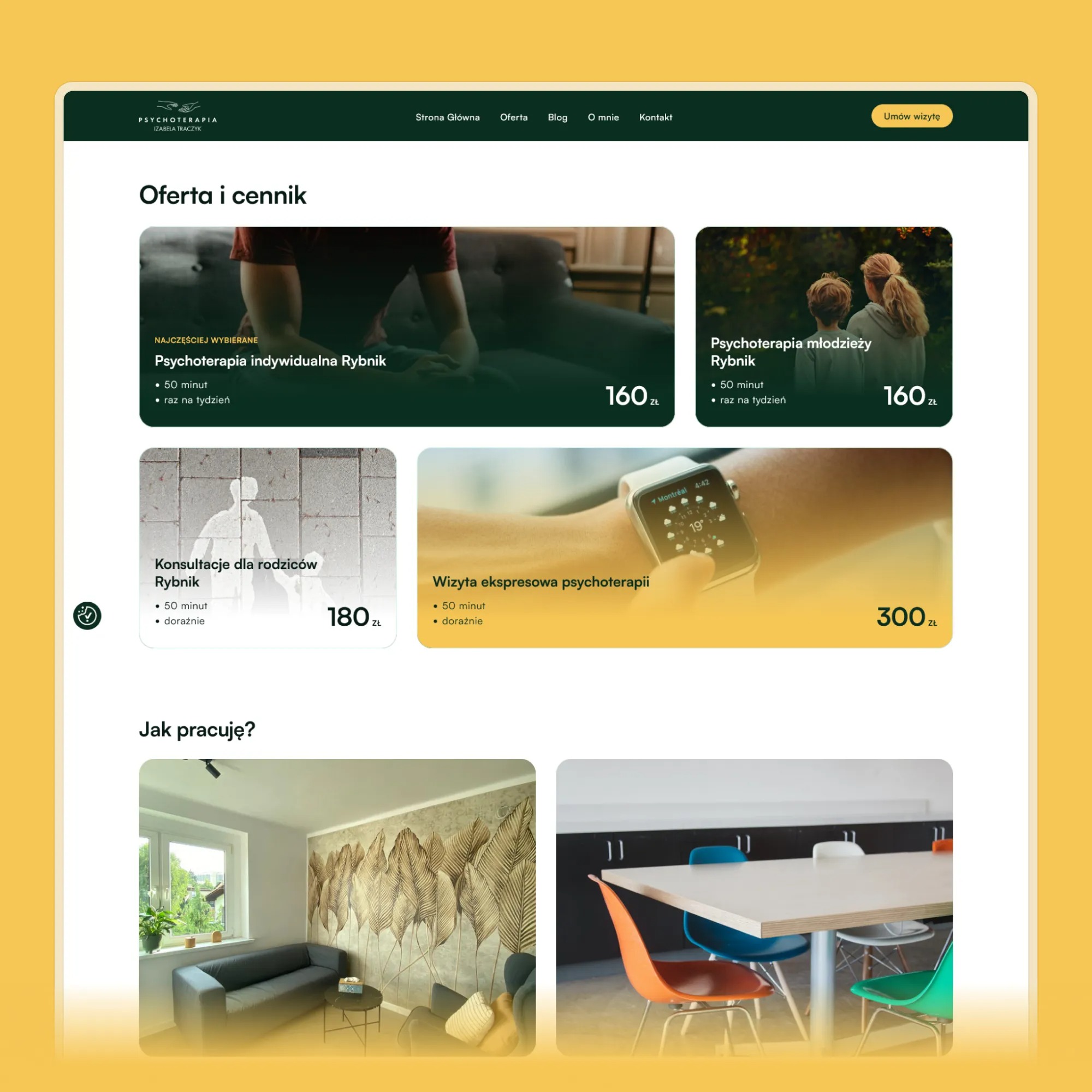 Zrzut ekranu strony internetowej z ofertą usług psychoterapeutycznych, prezentujący cennik sesji indywidualnych, dla młodzieży, konsultacji dla rodziców oraz wizyt ekspresowych, z informacjami...