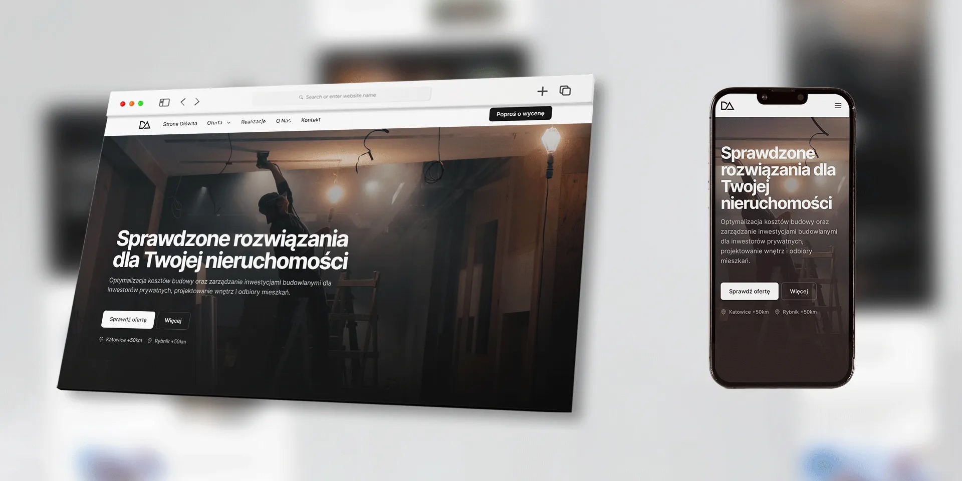 Wyświetlona strona internetowa na ekranie laptopa i smartfona, prezentująca firmę oferującą rozwiązania dla nieruchomości z hasłem 'Sprawdzone rozwiązania dla Twojej nieruchomości' i zdjęciem...