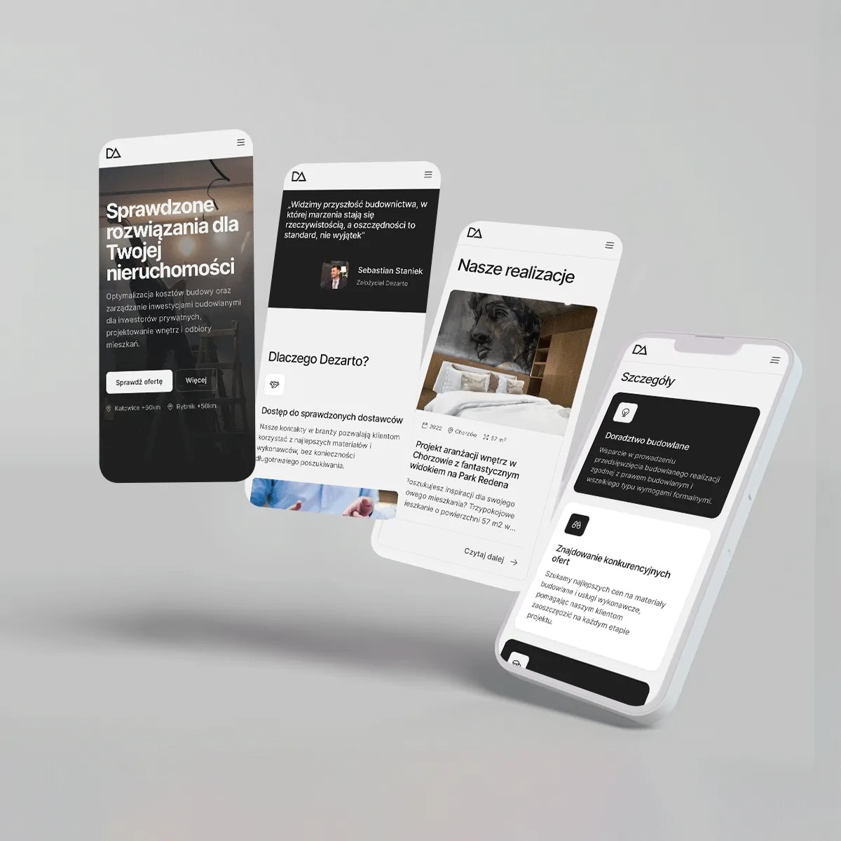 Prezentacja mobilnej strony internetowej firmy budowlanej na trzech smartfonach, ukazująca ofertę, realizacje i szczegóły usług, z widocznym logo firmy 'DA'.