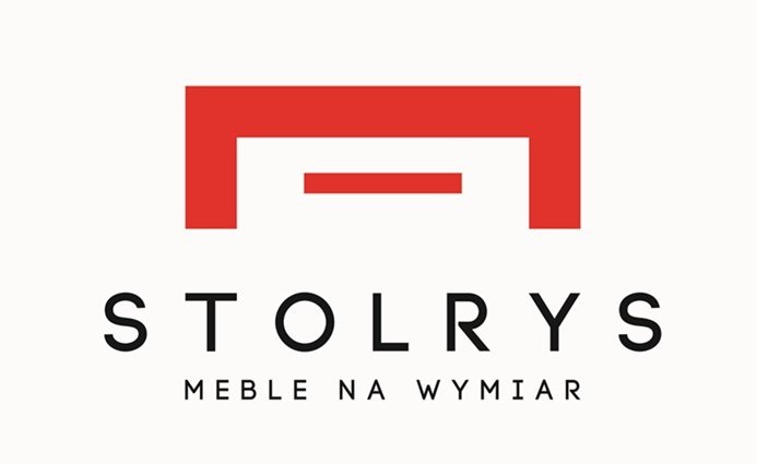Logo firmy STOLRYS Meble na Wymiar z czerwonym, geometrycznym symbolem przypominającym zarys mebla.