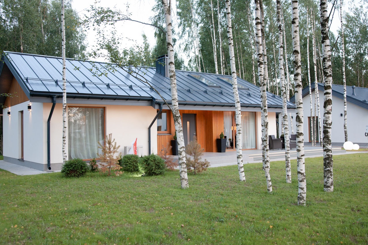 Nowoczesny dom jednorodzinny z szarą blachą na dachu, elewacją z elementami drewnianymi i białymi ścianami, otoczony młodymi brzózkami i trawnikiem.