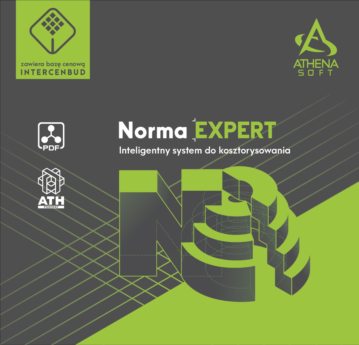 Grafika reklamowa programu Norma EXPERT do inteligentnego kosztorysowania, z logo Intercenbud i Athena Soft, oraz ikonami PDF i ATH Format na szarym tle z zielonymi akcentami i perspektywiczną siatką.