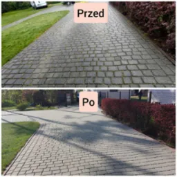Porównanie stanu kostki brukowej przed i po czyszczeniu: widoczne usunięcie mchu i zabrudzeń, przywrócenie naturalnego koloru kostki na podjeździe.