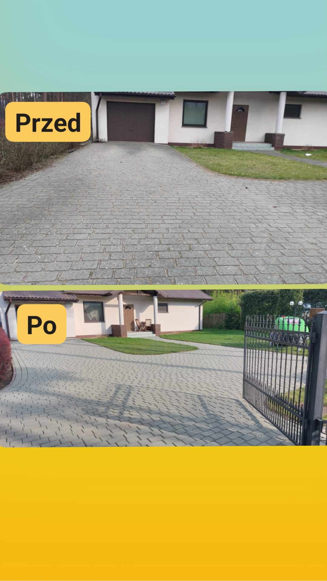 Porównanie stanu kostki brukowej przed i po czyszczeniu na podjeździe przed domem jednorodzinnym z garażem. Część 'Przed' ukazuje szary, zabrudzony bruk, a część 'Po' prezentuje odnowiony, czysty...