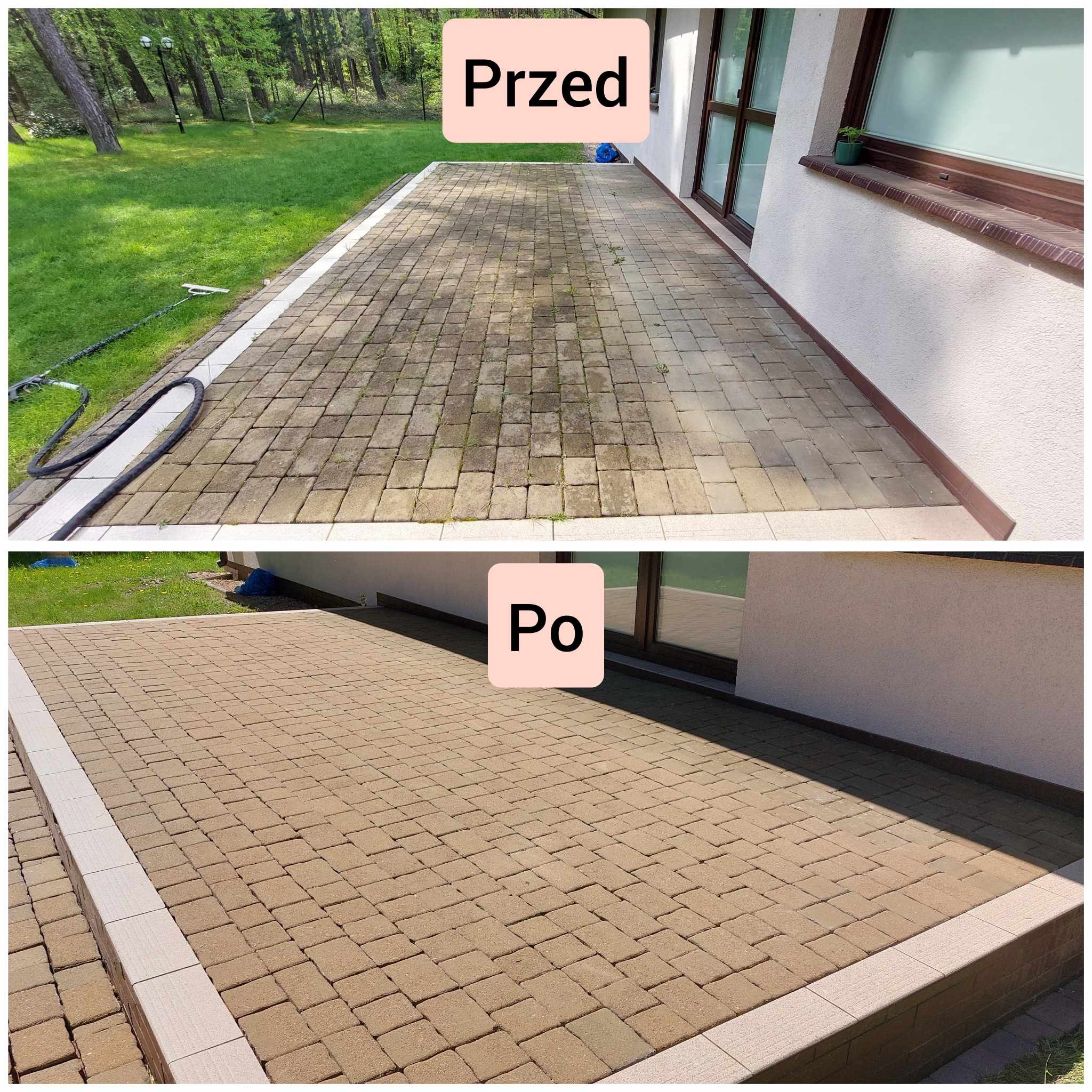 Porównanie kostki brukowej przed i po czyszczeniu: widoczna różnica w kolorze i usunięcie zabrudzeń, z lewej strony widoczny wąż ciśnieniowy.