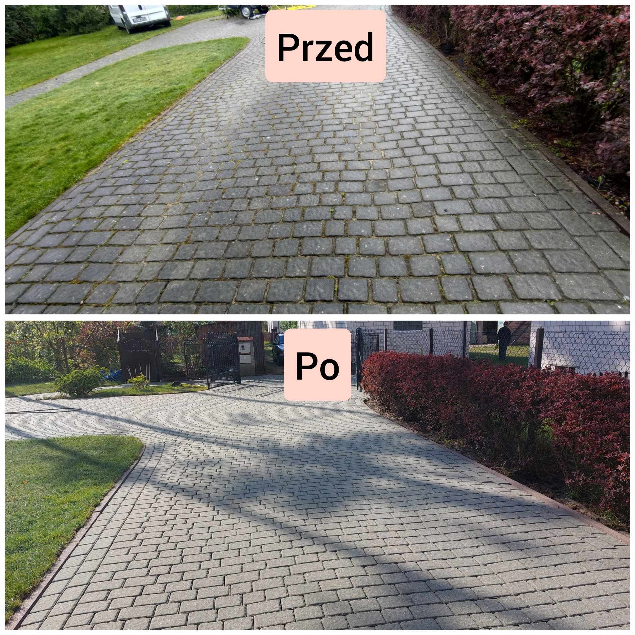Porównanie stanu kostki brukowej przed i po czyszczeniu: widoczne usunięcie mchu i zabrudzeń, przywrócenie naturalnego koloru kostki na podjeździe.