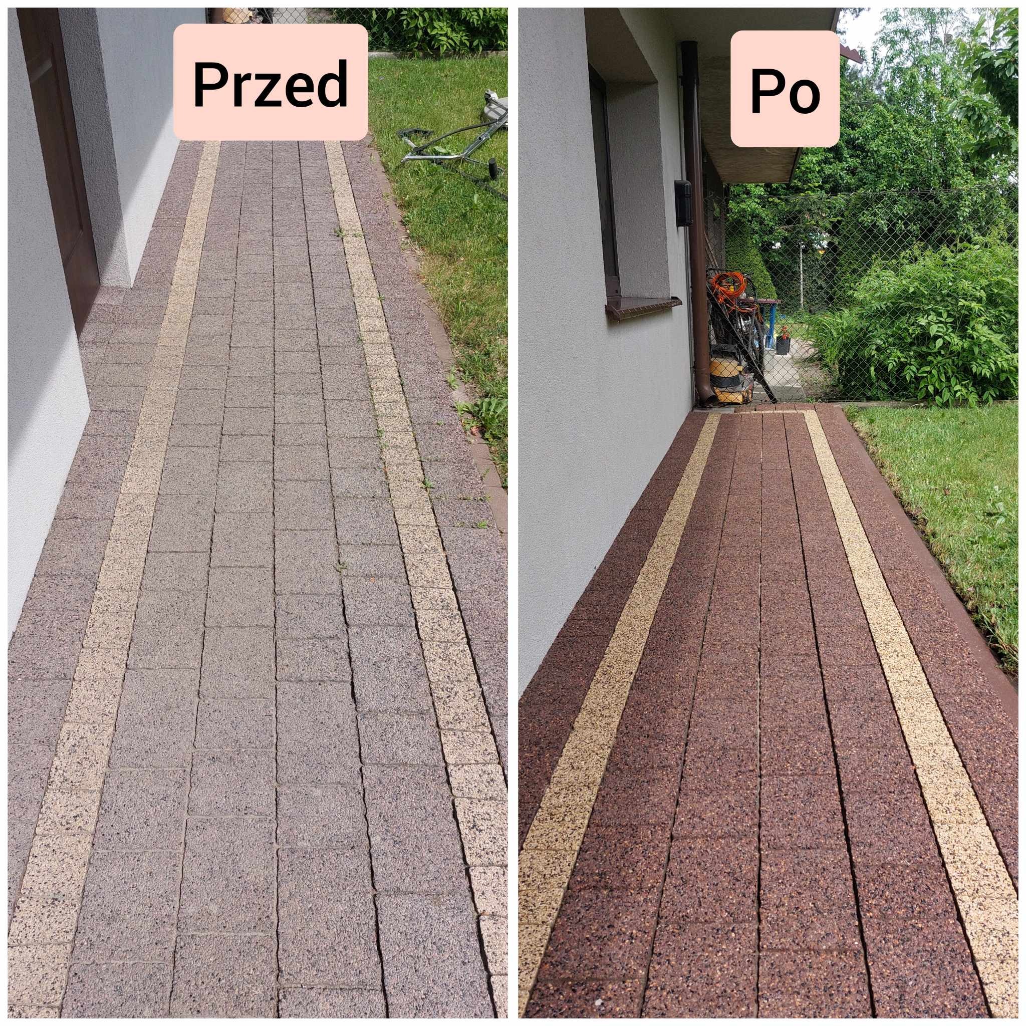 Porównanie stanu kostki brukowej przed i po: po lewej szara, zabrudzona kostka, po prawej czysta, brązowa kostka z jasnymi pasami. Widoczne ślady trawy i zieleni wzdłuż krawędzi.