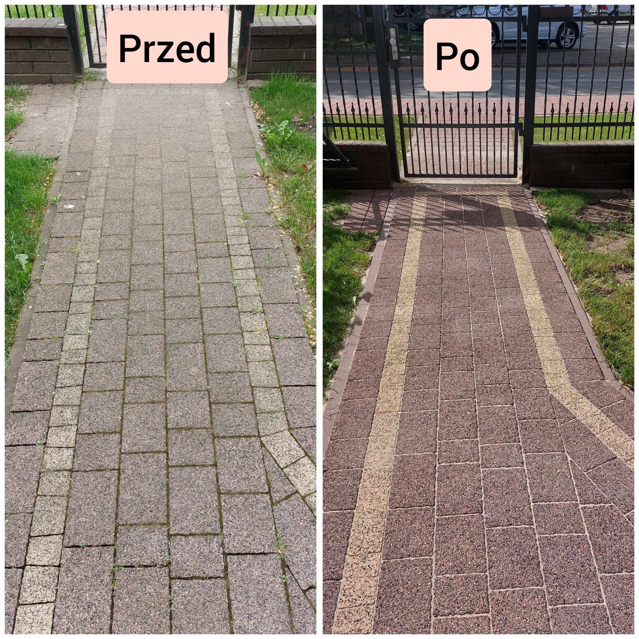 Porównanie stanu kostki brukowej przed i po czyszczeniu, widoczne wyraźne różnice w kolorze i czystości.