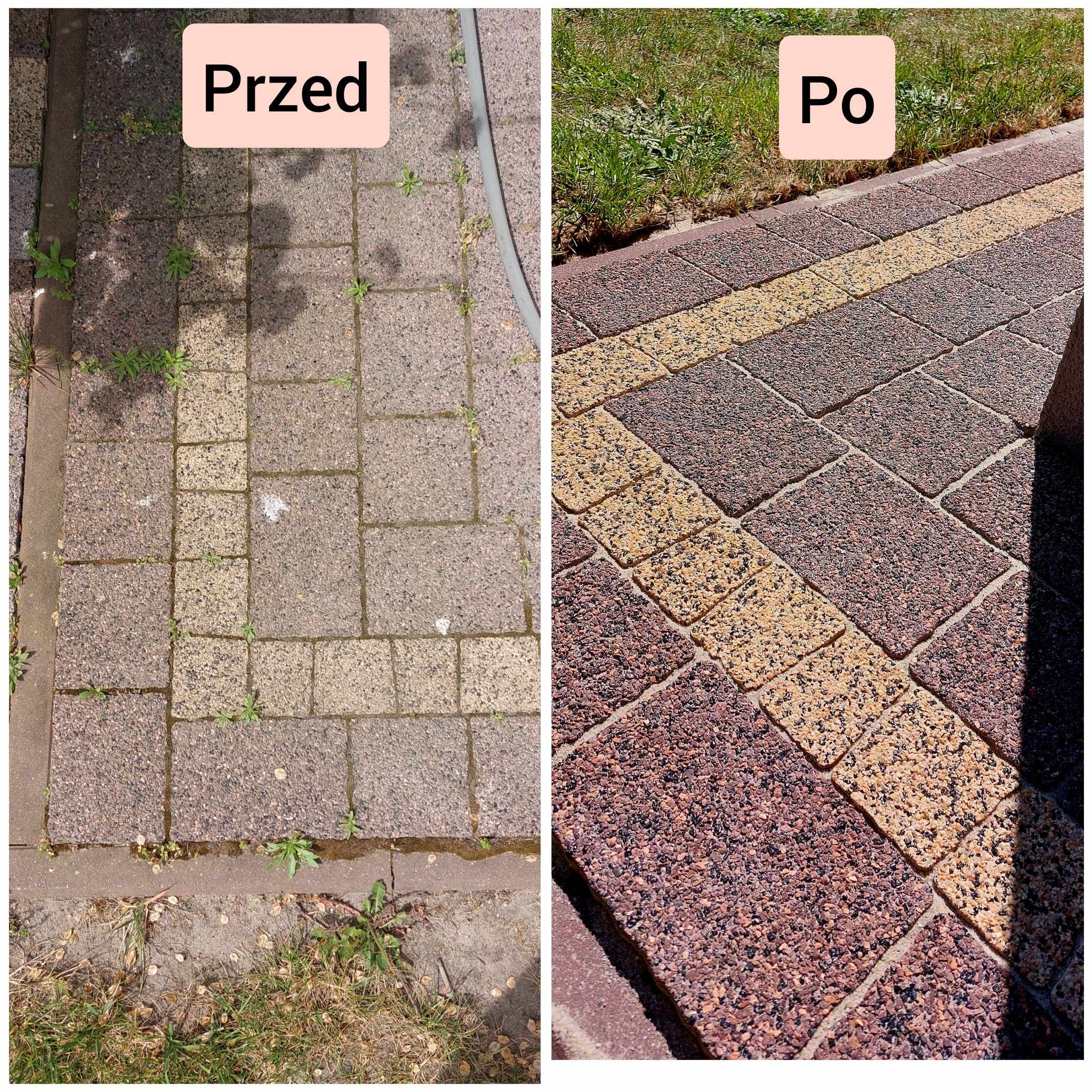 Porównanie stanu kostki brukowej przed i po czyszczeniu: po lewej stronie kostka szara, porośnięta chwastami, po prawej stronie kostka w odcieniach brązu i beżu, czysta, z widoczną strukturą.