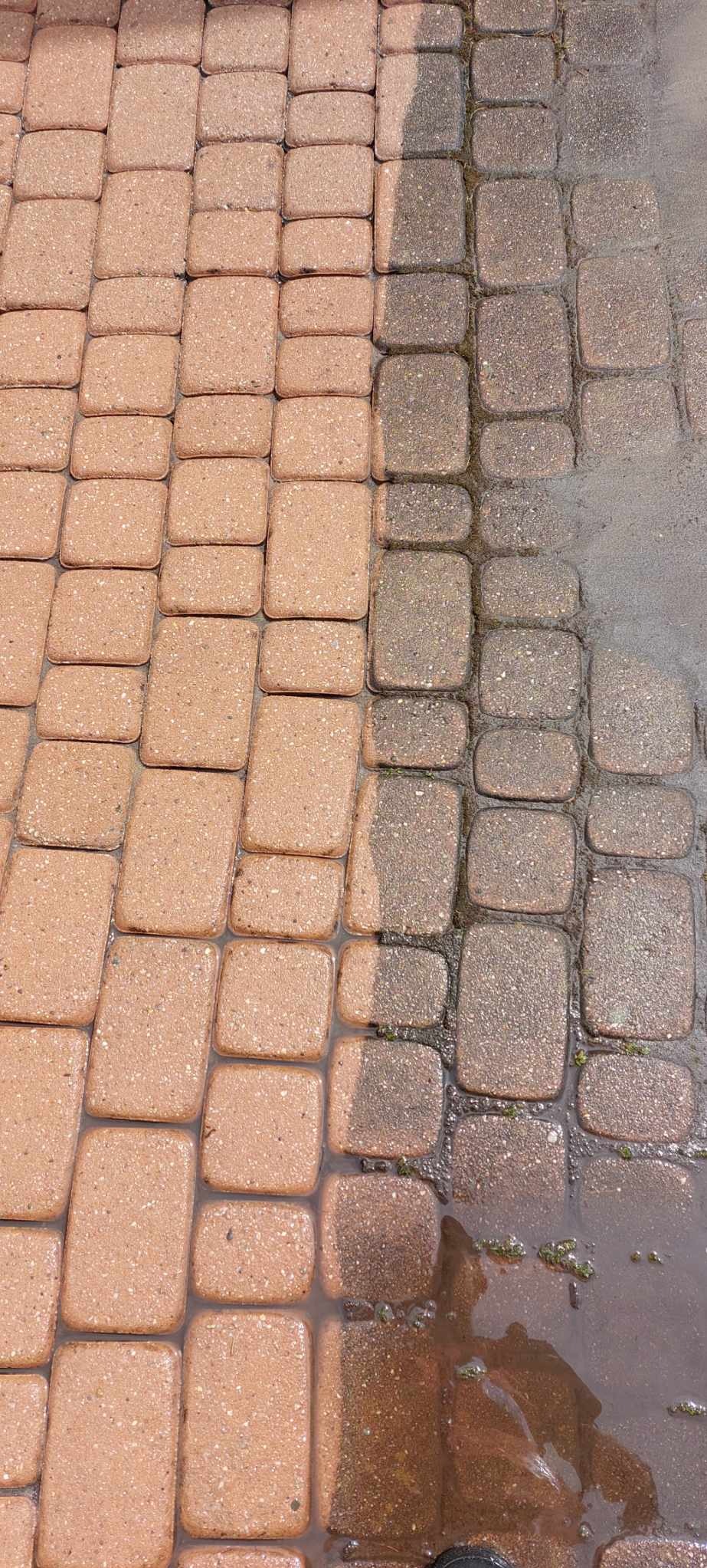 Częściowo oczyszczona, mokra kostka brukowa w odcieniach brązu, wyraźny kontrast między czystą a zabrudzoną powierzchnią.