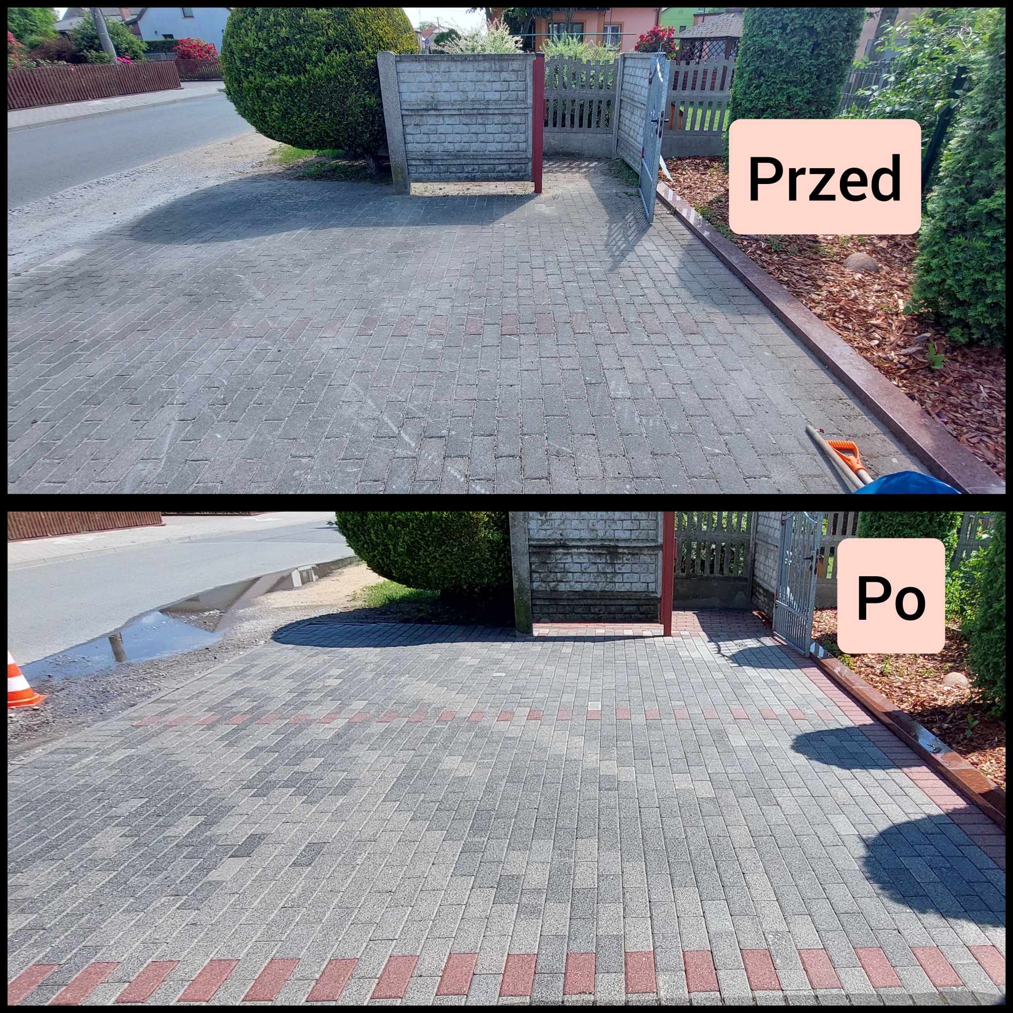 Porównanie stanu kostki brukowej przed i po czyszczeniu: widoczne różnice w kolorze i czystości, z zaznaczonymi obszarami 'Przed' i 'Po'.