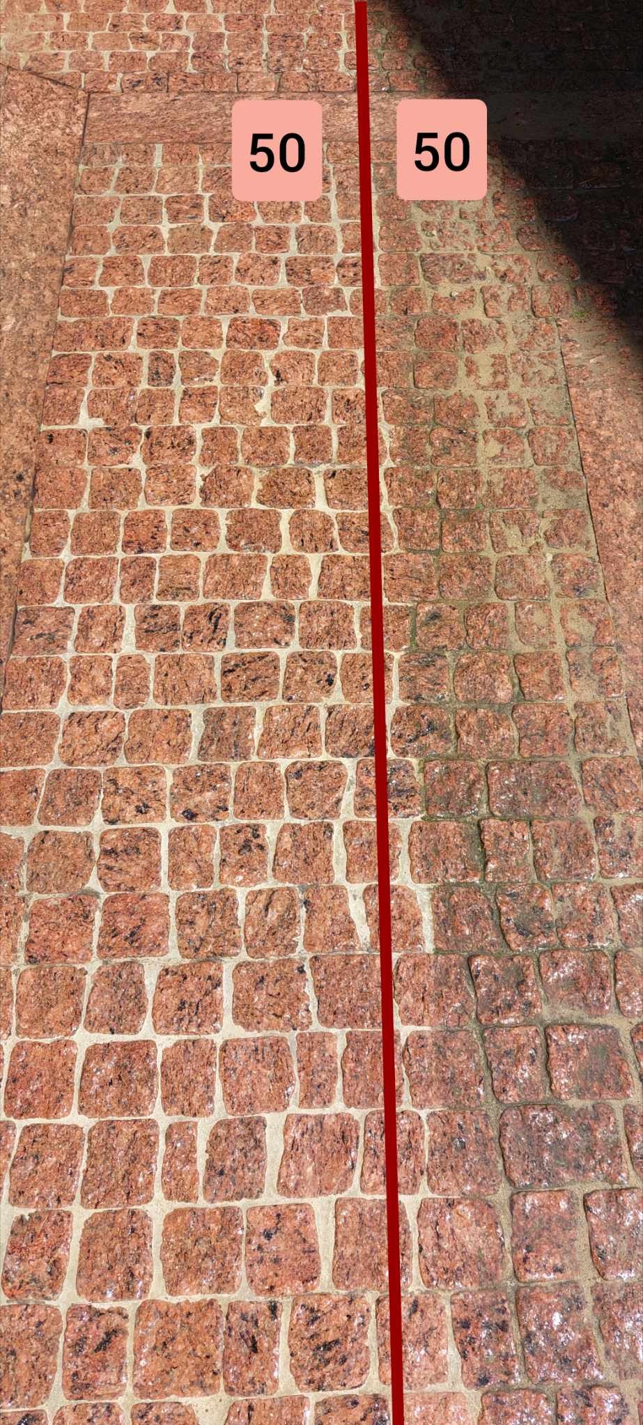 Czerwona kostka brukowa przed i po czyszczeniu, widoczna wyraźna różnica w kolorze i czystości, oddzielona czerwoną linią.