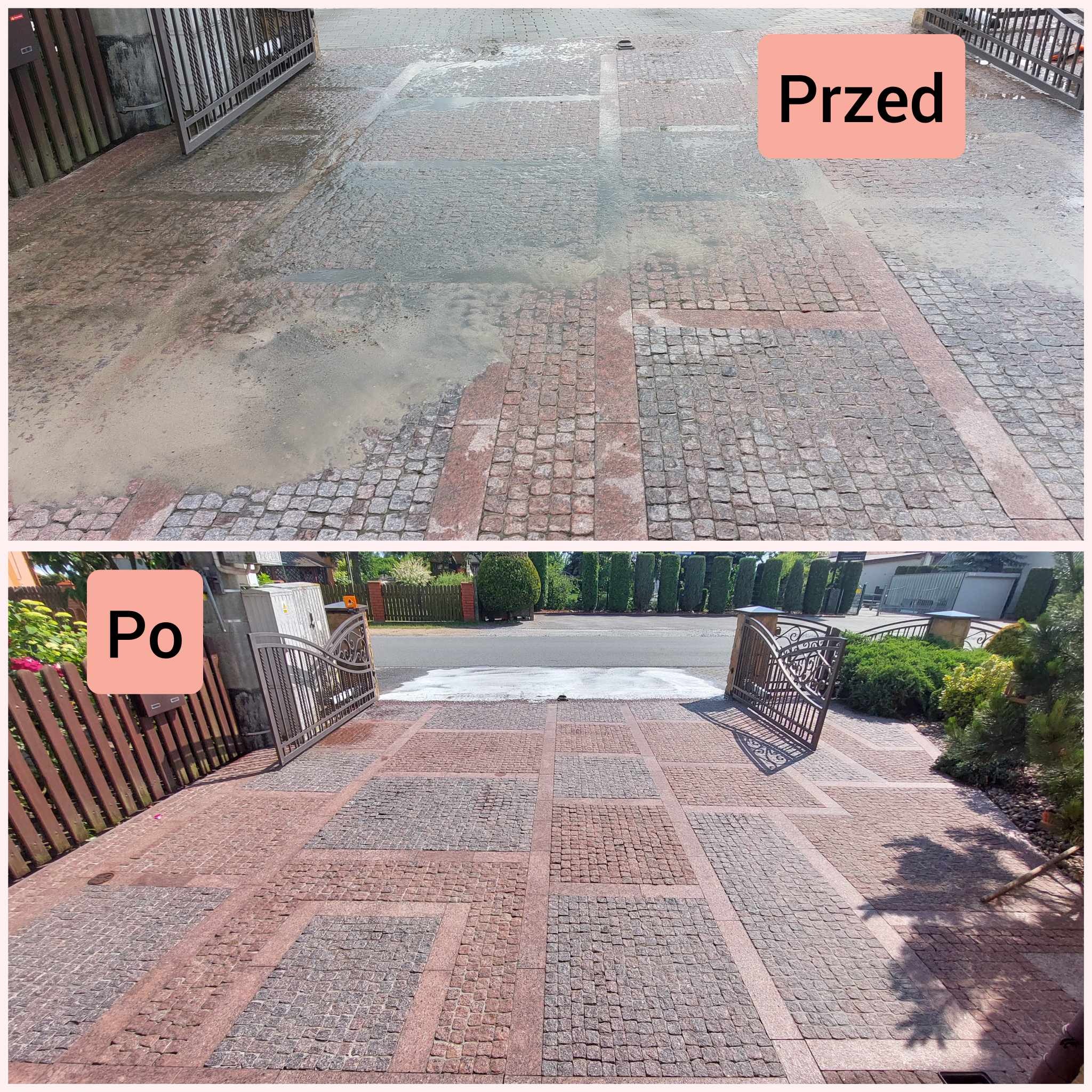 Porównanie stanu kostki brukowej przed i po czyszczeniu: górna część zdjęcia ukazuje brudną, mokrą nawierzchnię, dolna część prezentuje czystą, suchą kostkę z widocznym wzorem i kolorem.