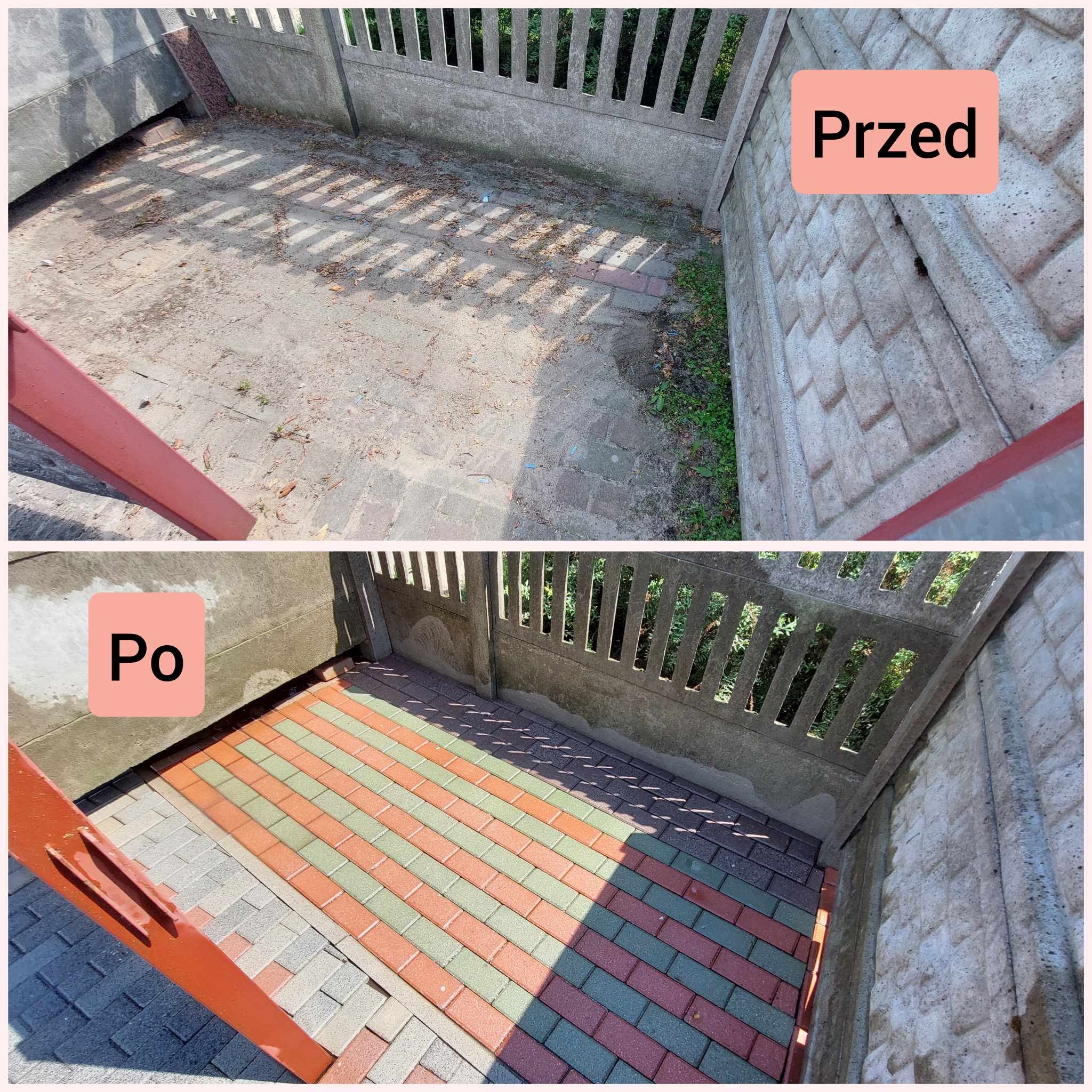Porównanie stanu kostki brukowej przed i po czyszczeniu. Górna część zdjęcia ukazuje brudną, szarą powierzchnię, dolna część prezentuje wyczyszczoną, kolorową kostkę (czerwona, zielona, szara)...