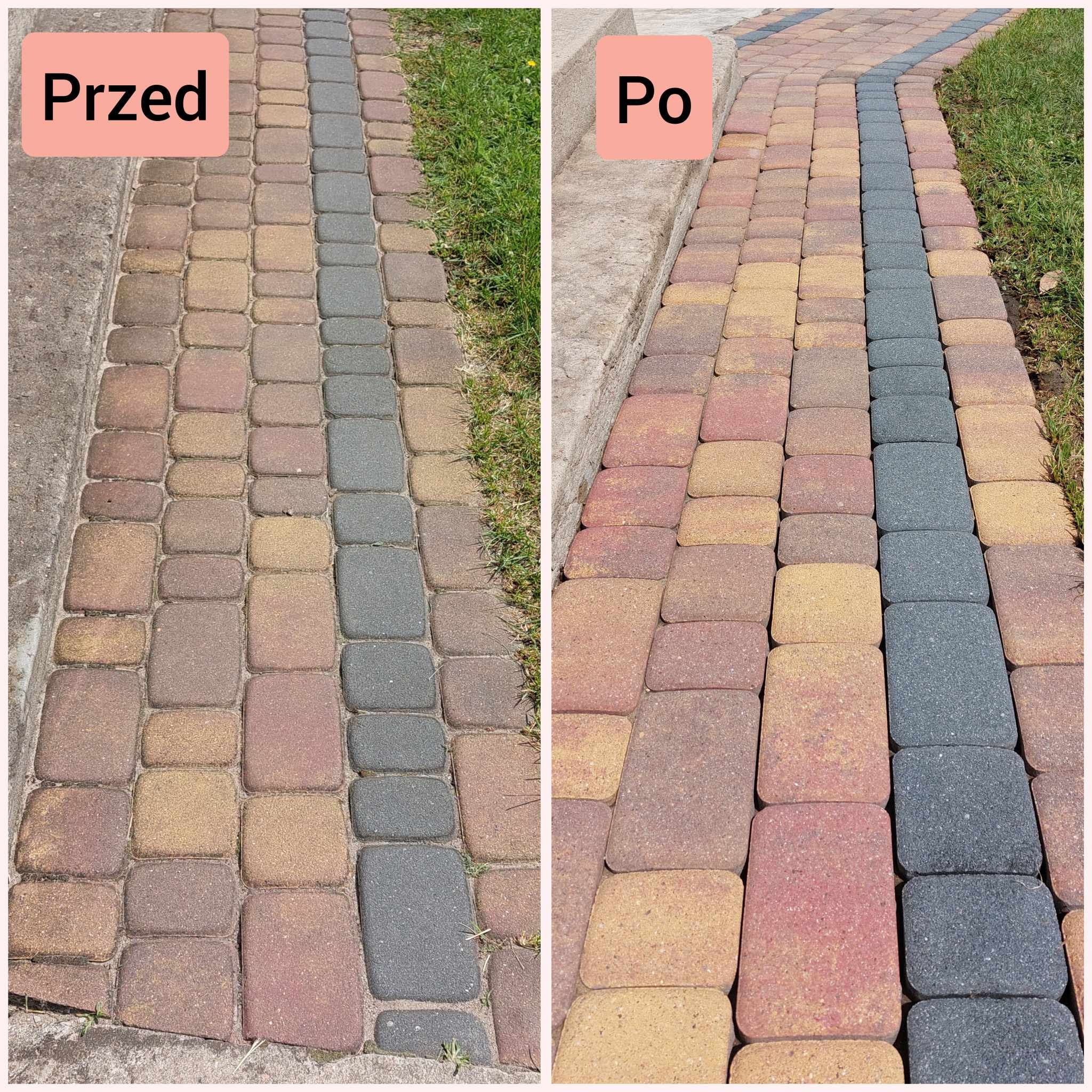 Porównanie stanu kostki brukowej przed i po zabiegu, widoczne różnice w kolorze i czystości, zieleń trawy w tle.