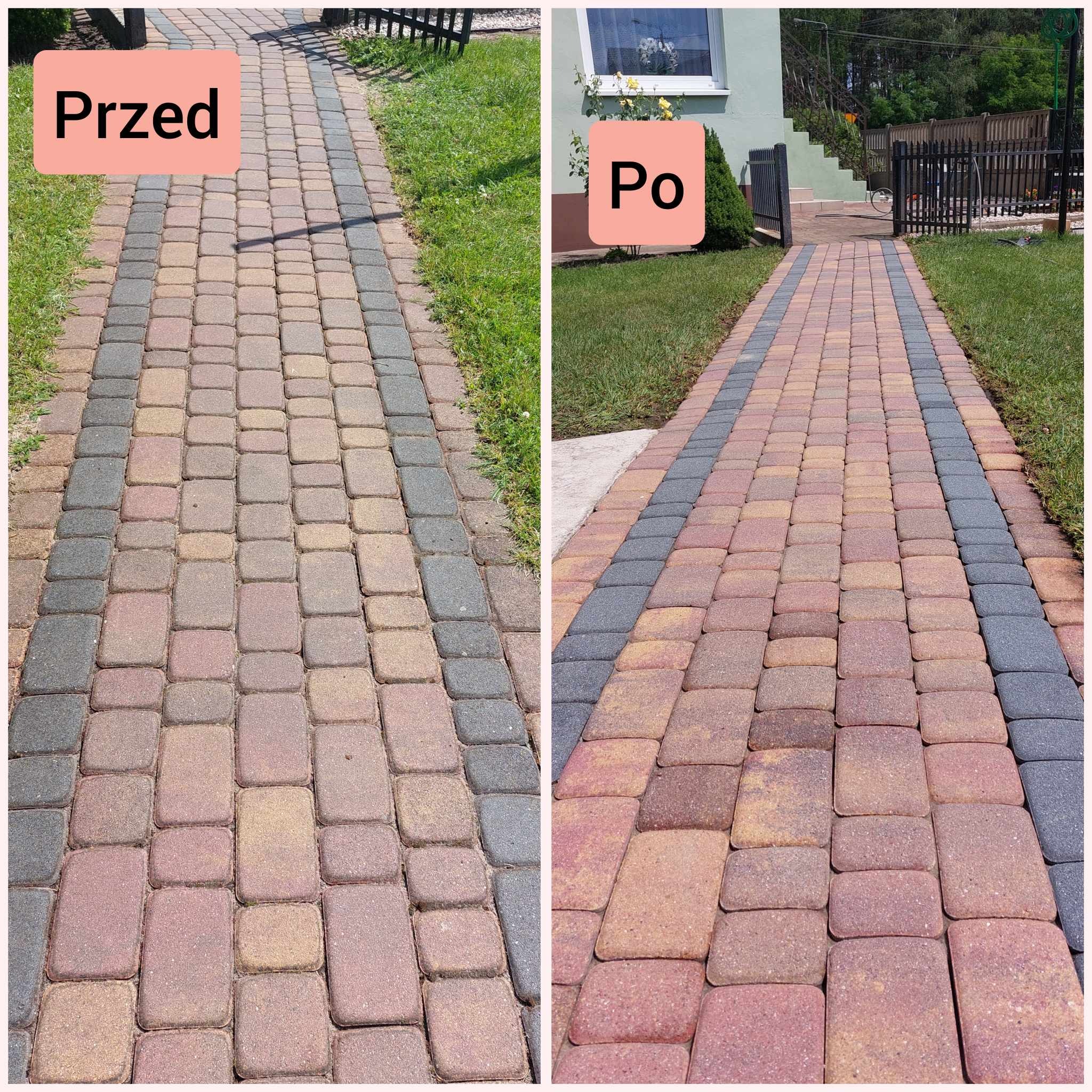 Porównanie stanu kostki brukowej przed i po czyszczeniu: po lewej stronie kostka zabrudzona, po prawej odświeżona, z intensywniejszym kolorem.