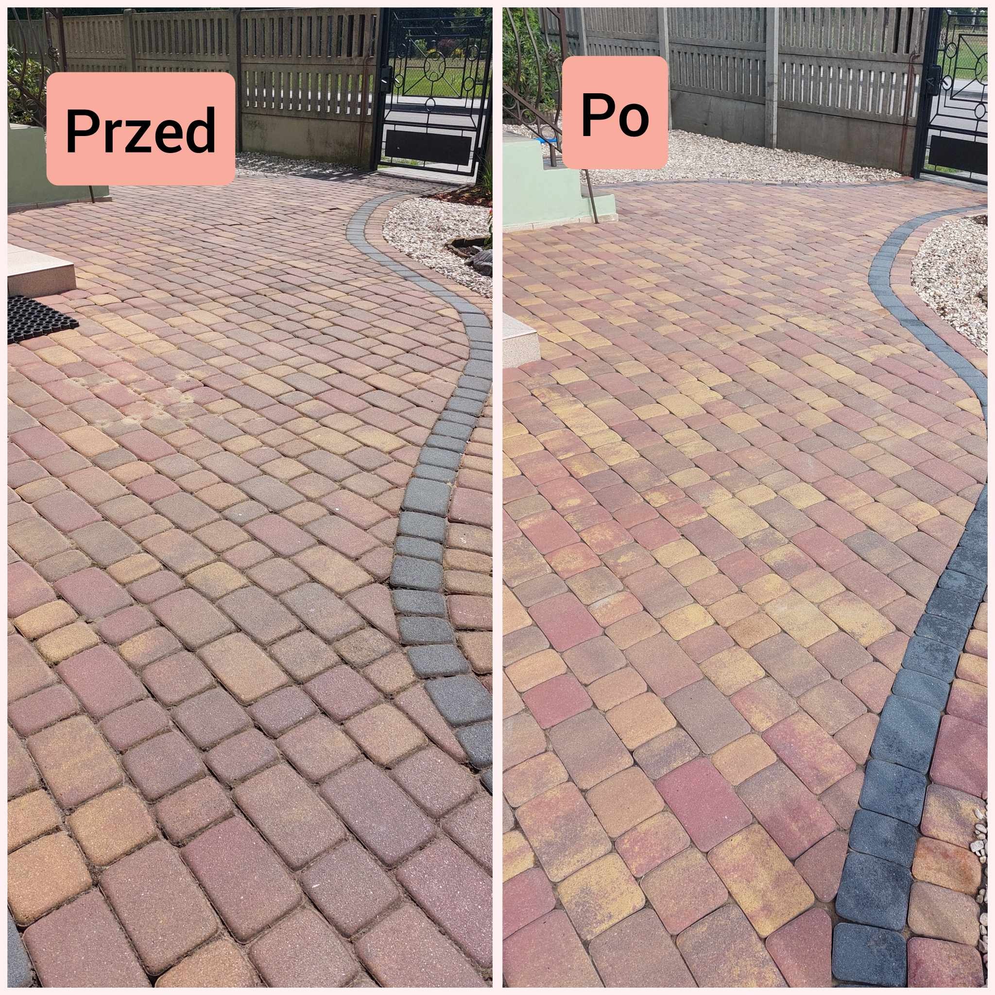Porównanie stanu kostki brukowej przed i po czyszczeniu, widoczne różnice w kolorze i czystości, z uwzględnieniem otoczenia i bramy w tle.