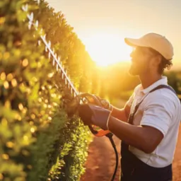 Uśmiechnięty mężczyzna w roboczych ubraniach, z profilu, przycina żywopłot elektrycznymi nożycami na tle zachodzącego słońca.