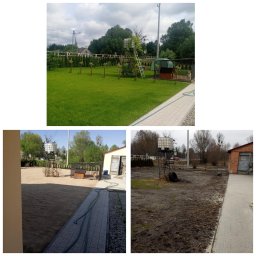 GARDEN OF SUCESS Magdalena Tołysz - Kompozycja trzech zdjęć: trawnik po założeniu, teren przygotowany pod trawnik i teren przed pracami. Widoczne drzewa, krzewy i elementy infrastruktury ogrodowej.