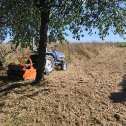 GARDEN OF SUCESS Magdalena Tołysz - Niebieski traktor z pomarańczowym mulczerem pod drzewem na polu ze skoszoną trawą. Widok na pole po koszeniu, z fragmentami wysokiej trawy w tle.